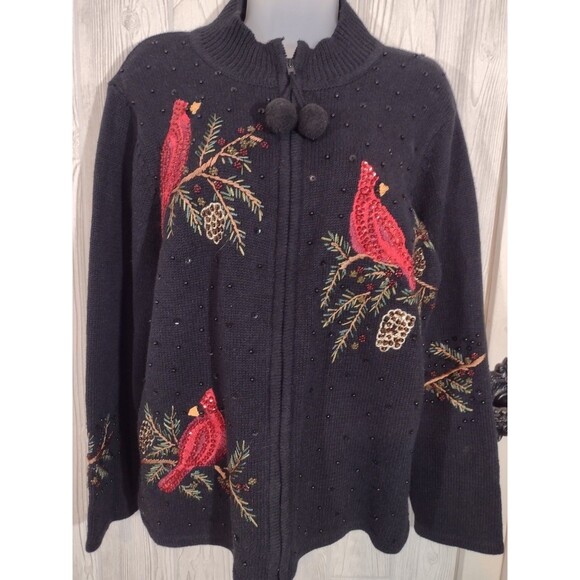 Tiara International Cardigan Size X-Large Black Sweater Cardinal Sequin Holiday - Picture 2 of 12